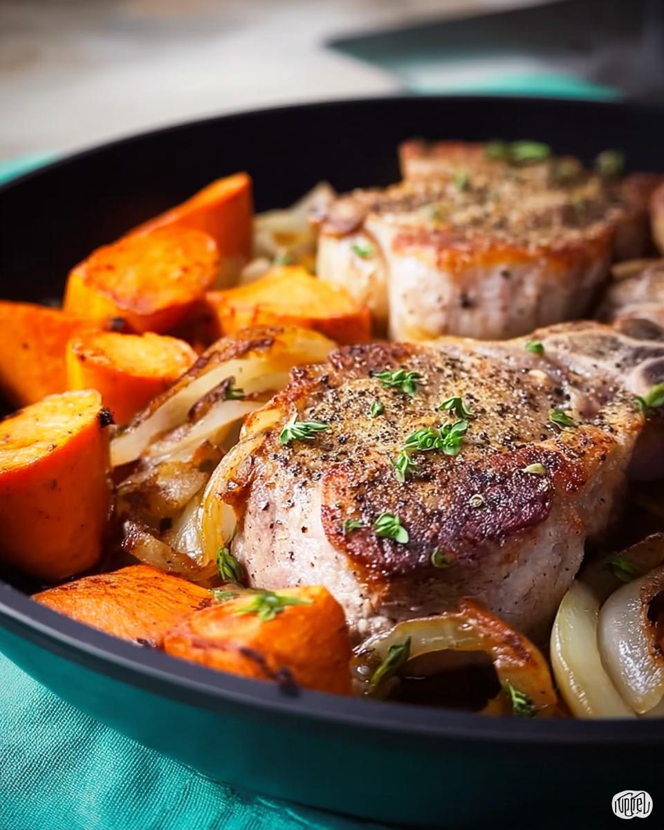Close-up of juicy pork chops recipe cooked with roasted sweet potatoes and caramelized onions in a skillet.