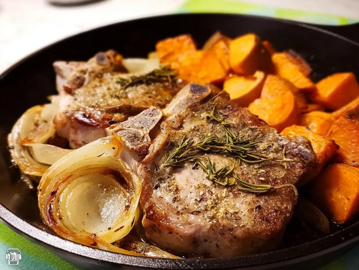 Close-up of juicy pork chops recipe served with roasted sweet potatoes and caramelized onions in a cast-iron skillet.