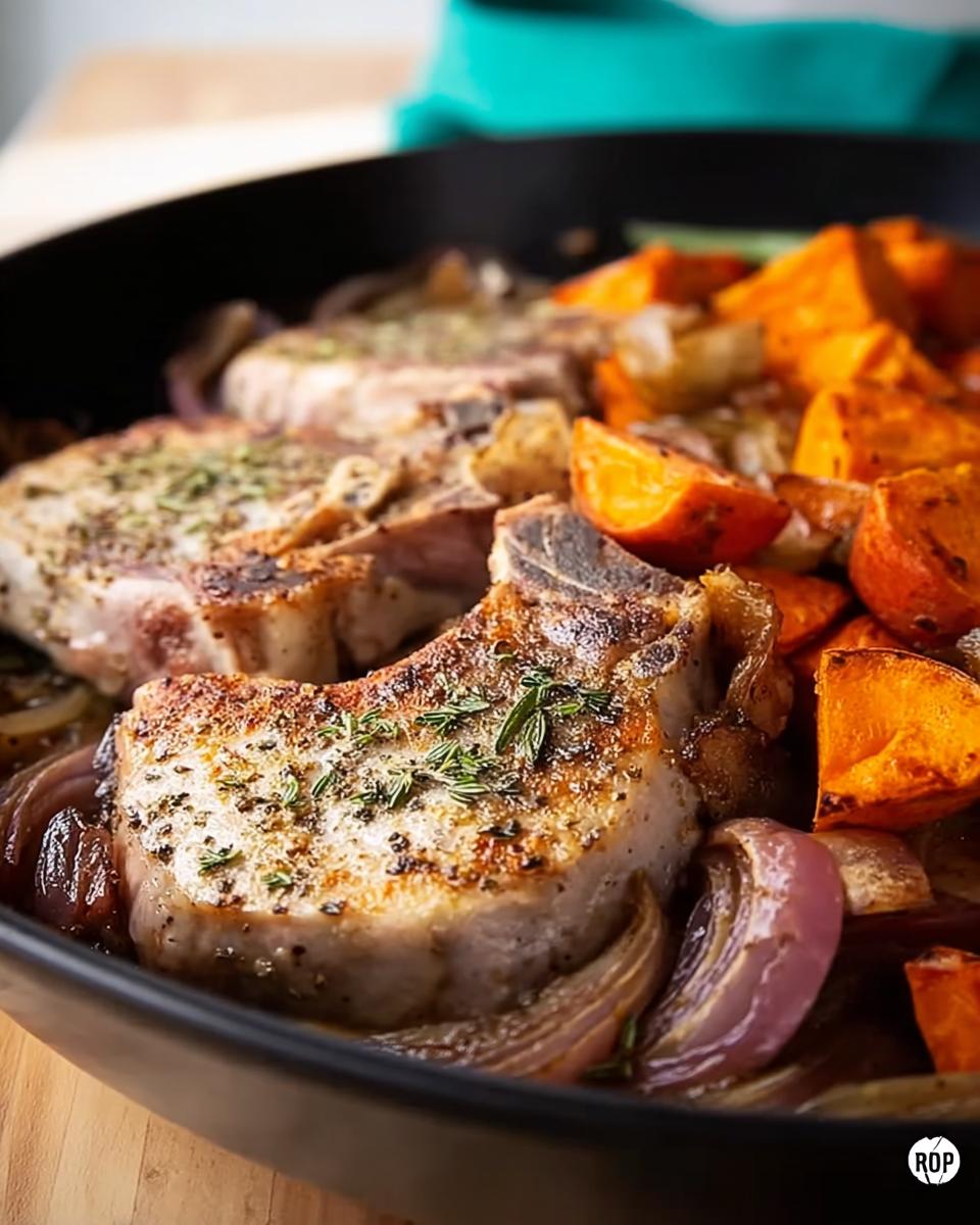 Close-up of pan-fried pork chops with roasted sweet potatoes and red onions, seasoned with herbs.