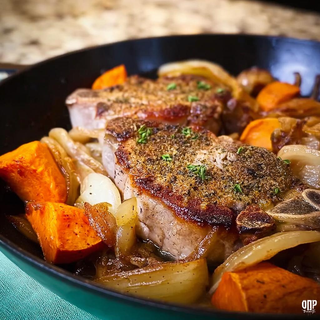 Close-up of a pan-seared pork chop recipe with roasted sweet potatoes and onions.