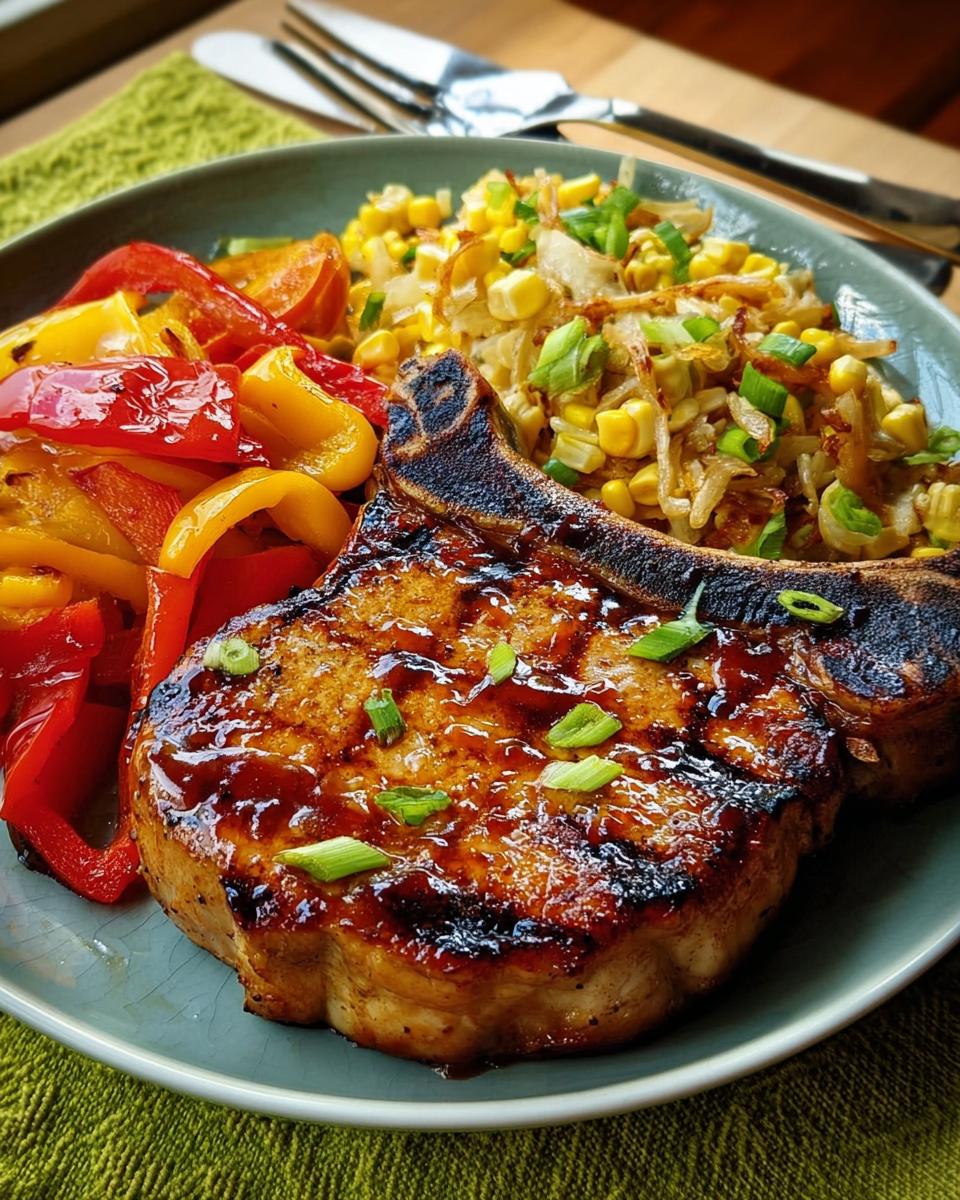 A perfectly cooked pork chop recipe, glazed and garnished with scallions, served with sautéed peppers and corn.