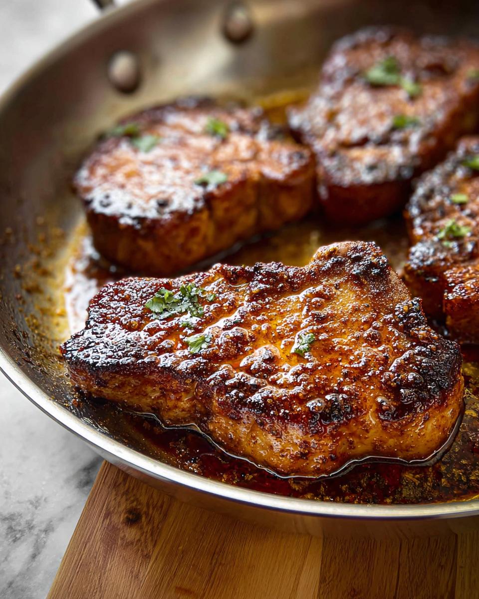 Close-up of juicy pork chops meal prep cooking in a stainless steel pan with a rich glaze and fresh parsley.
