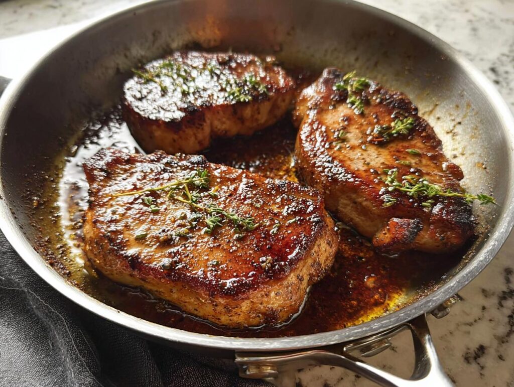 Three pan-seared pork chops with herbs in a skillet, perfect for meal prep.