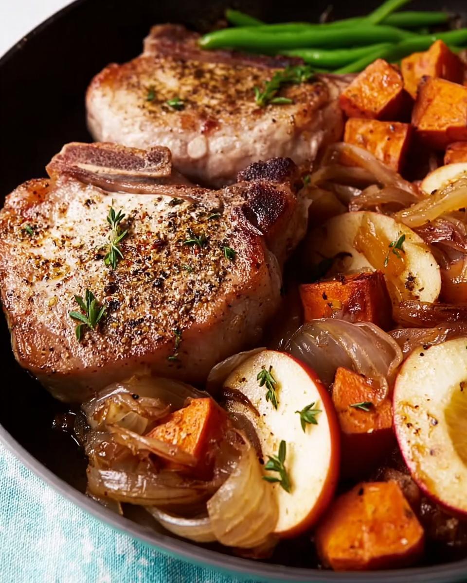 Two perfectly cooked pork chops served with roasted sweet potatoes, caramelized onions, and apple slices.