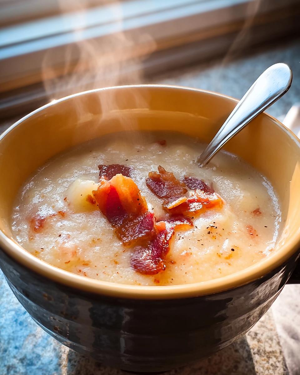 A steaming bowl of creamy potato soup topped with crispy bacon, perfect for 12-Ingredient Soup Recipes.