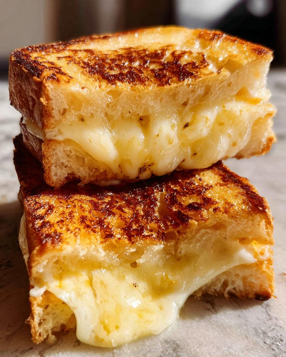 A close-up of two halves of a perfectly grilled cheese sandwich, stacked, with melted, gooey cheese oozing out.