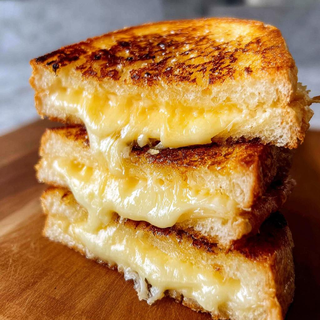 A stack of three perfectly grilled cheese sandwiches with gooey, melted cheese oozing out.
