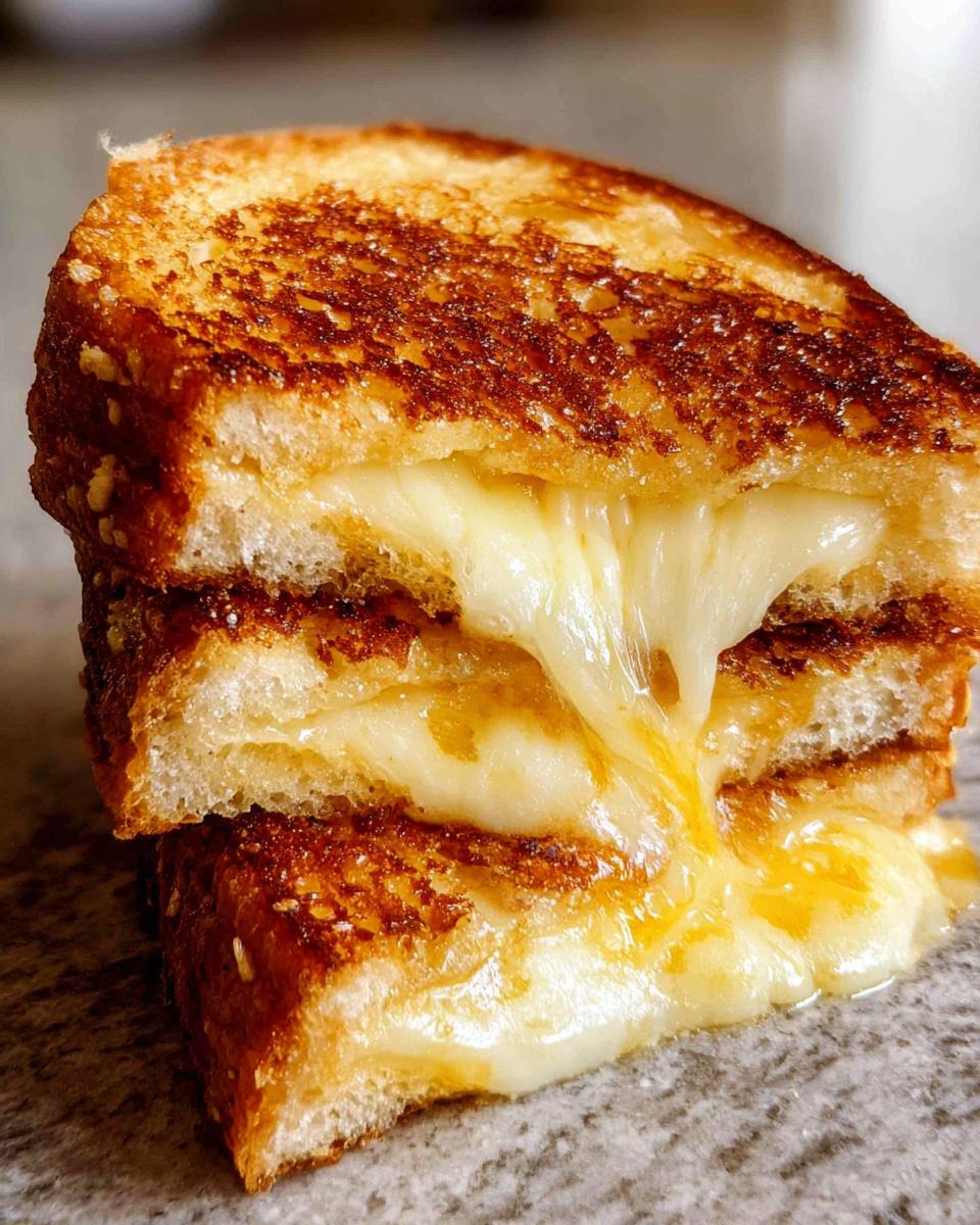 A close-up of a perfectly grilled cheese recipe with gooey melted cheese oozing out.