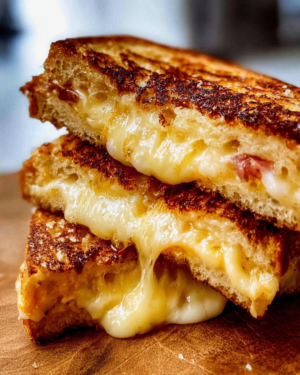 Close-up of a perfectly grilled cheese recipe with melted cheese oozing out.