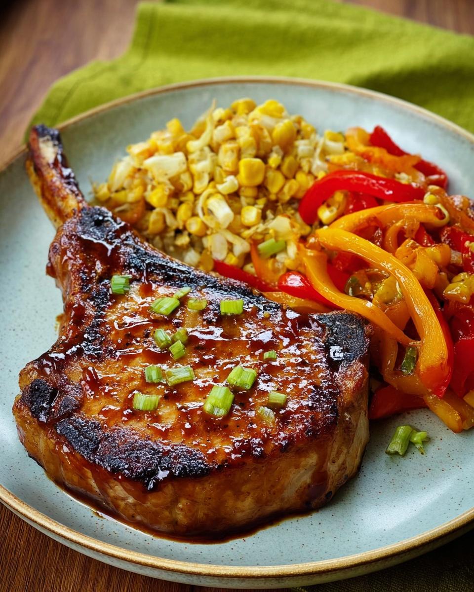 A perfectly cooked pork chop with a glossy glaze, served with corn and bell peppers. Learn how to make pork chops like a pro.