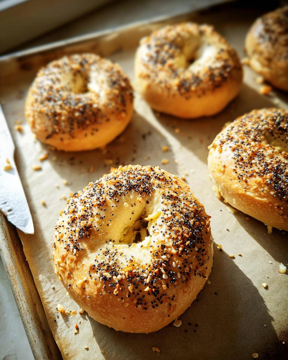 Close-up of freshly baked bagels topped with seeds and seasonings, ready for breakfast.