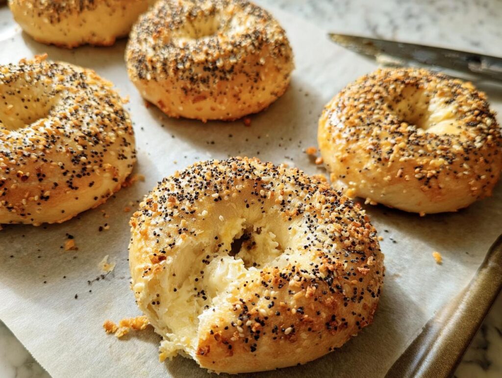 A close-up of freshly baked bagels topped with poppy seeds and sesame seeds, part of 15 Genius Breakfast Ideas Recipes.