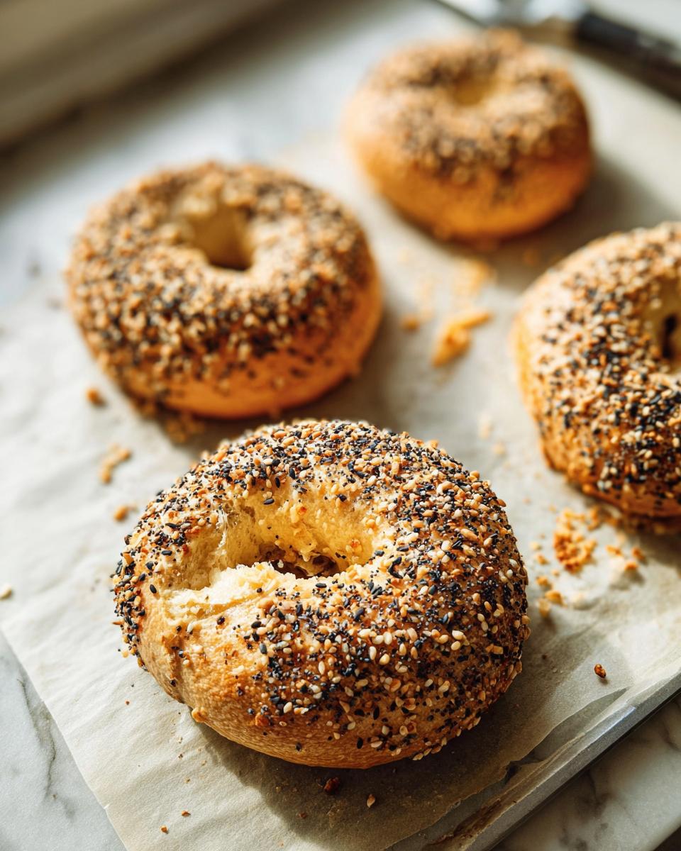 Close-up of freshly baked bagels covered in seeds, perfect for quick breakfast ideas.