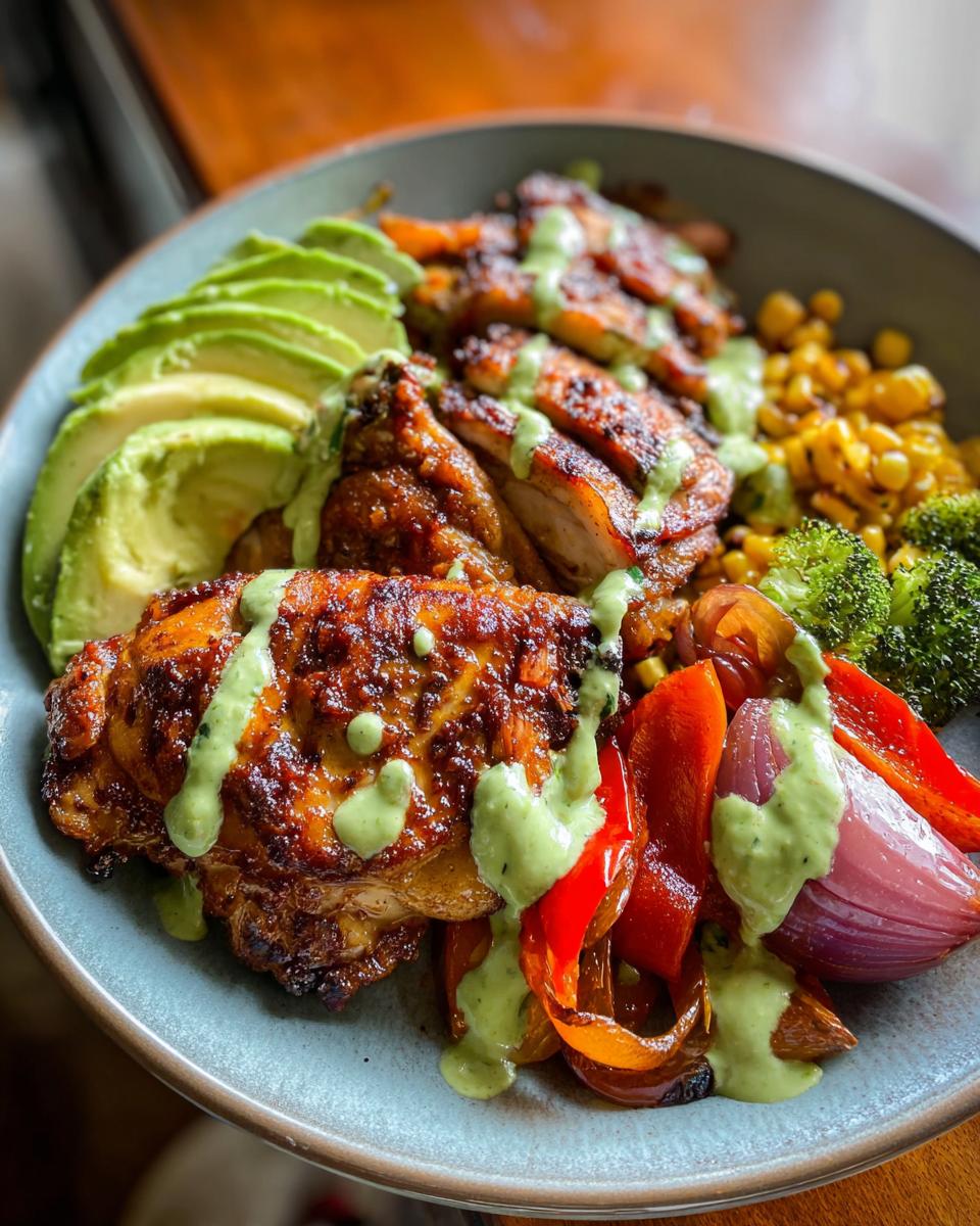 A vibrant bowl featuring grilled chicken, sliced avocado, roasted vegetables, and a drizzle of green sauce. Perfect for quick chicken recipes.
