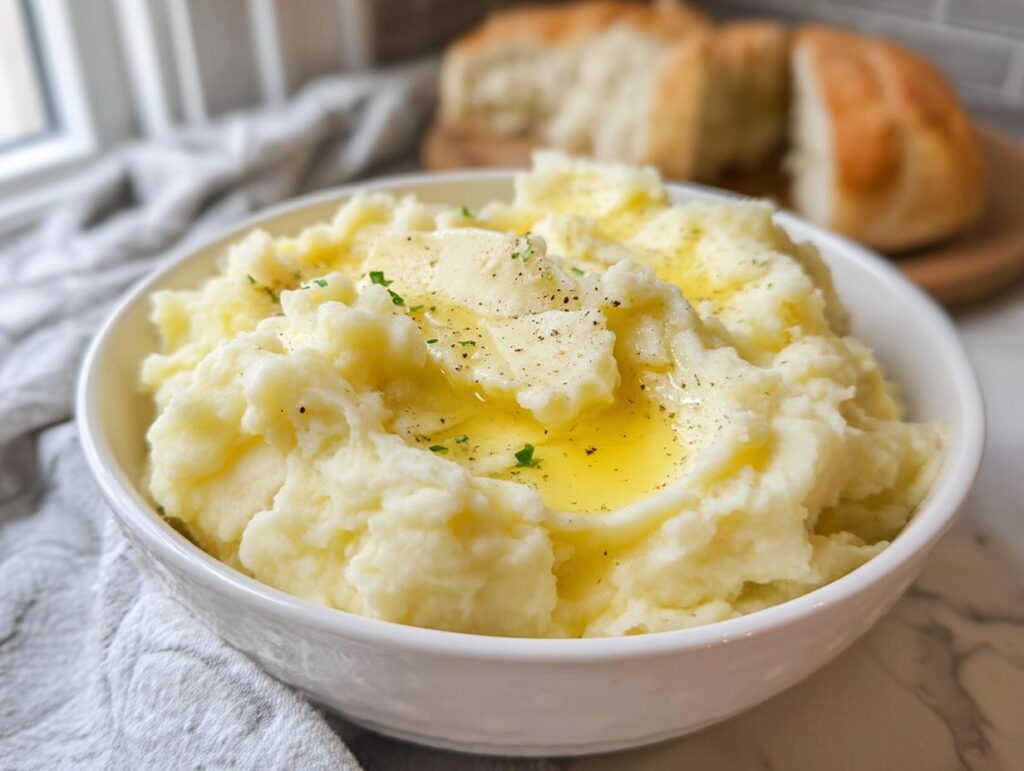 A bowl of fluffy mashed potatoes topped with melted butter, black pepper, and parsley, part of mashed potatoes recipes in 20 minutes.
