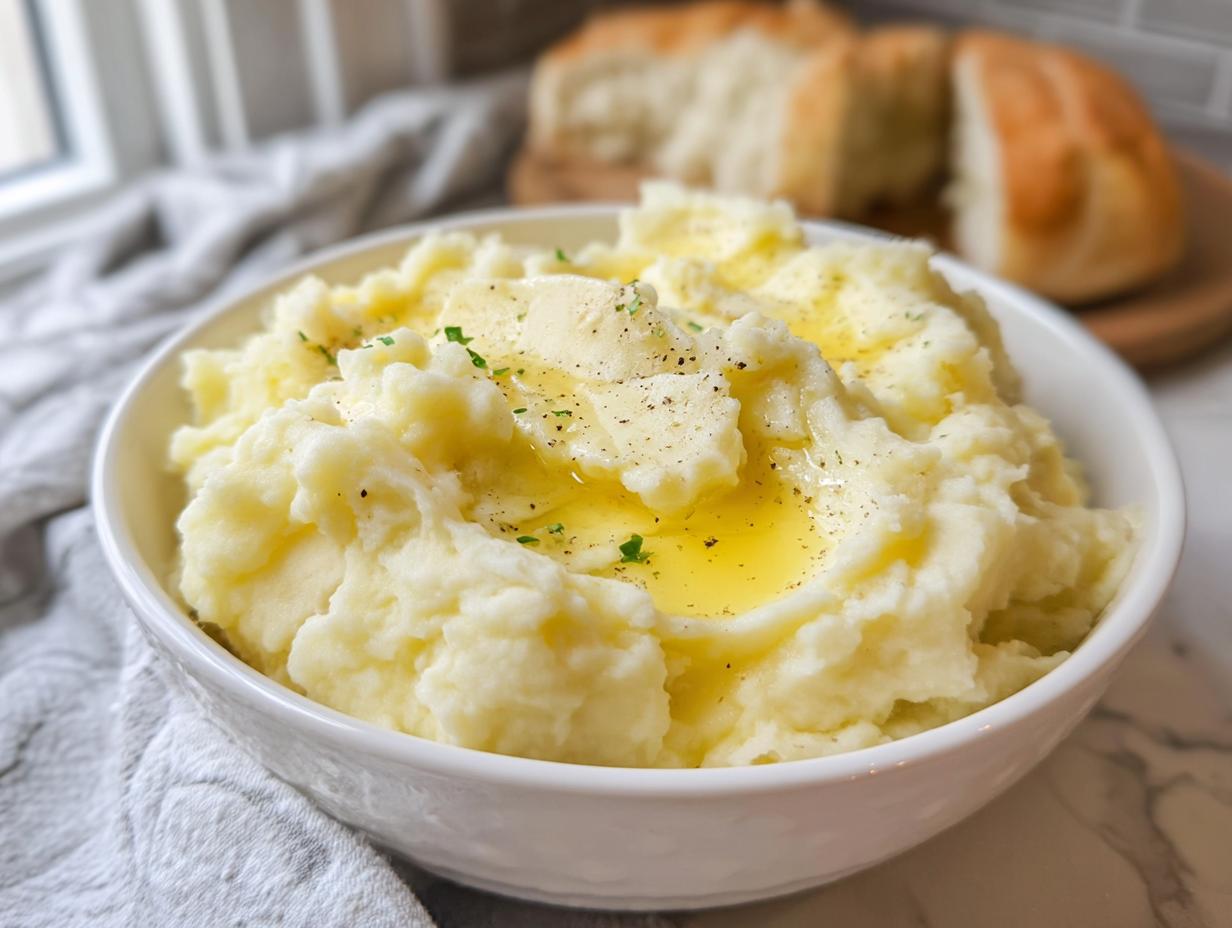 A bowl of fluffy mashed potatoes topped with melted butter, black pepper, and parsley, part of mashed potatoes recipes in 20 minutes.