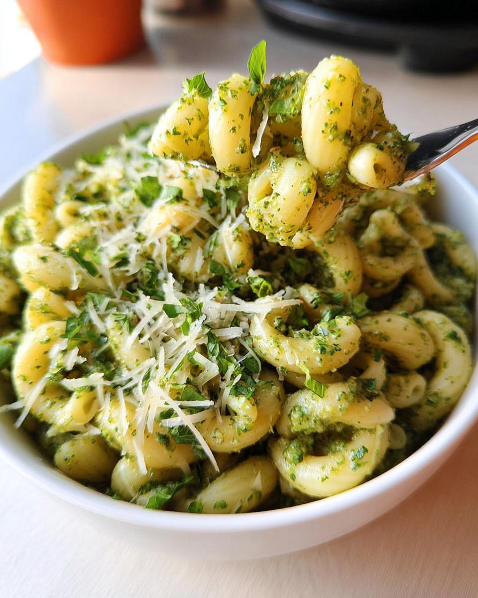 A fork lifting a portion of delicious pesto pasta from a white bowl, sprinkled with Parmesan and fresh herbs.