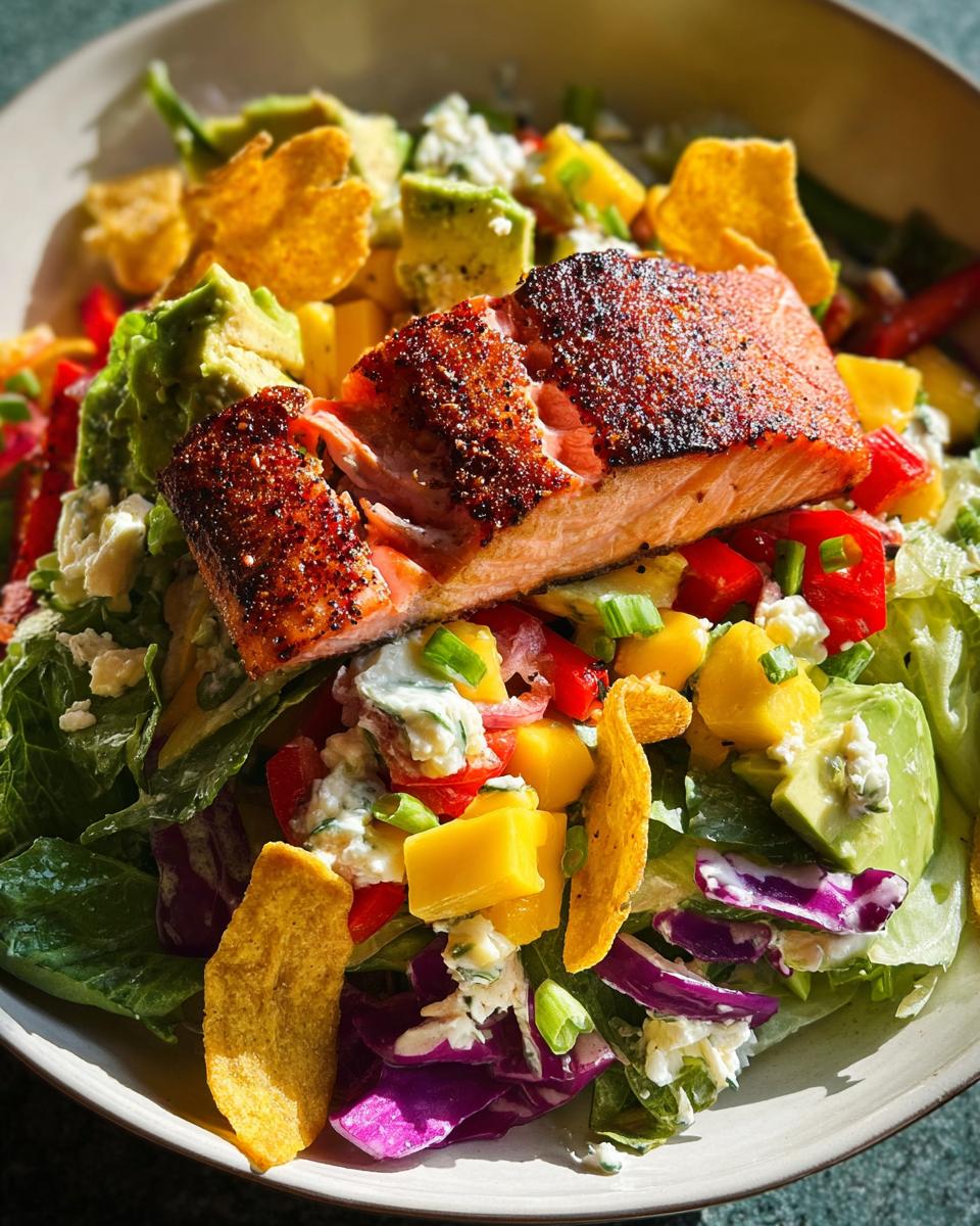 A vibrant salad featuring a piece of perfectly cooked salmon, avocado, mango, and tortilla chips.