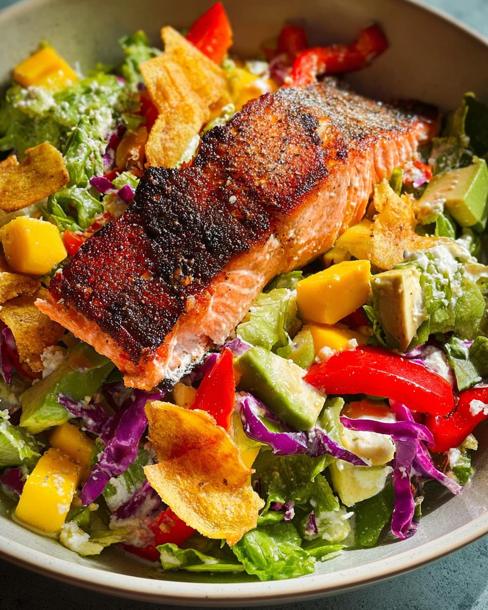 A close-up of a vibrant salad topped with a perfectly cooked salmon fillet, featuring mango, avocado, red pepper, and crispy tortilla strips.