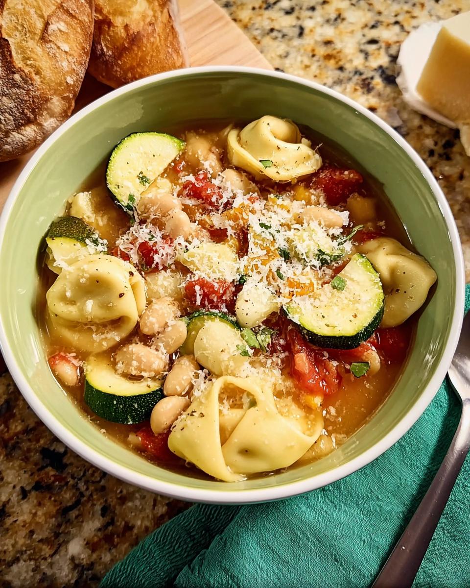 A bowl of quick tortellini soup with zucchini, white beans, and tomatoes, topped with grated cheese.