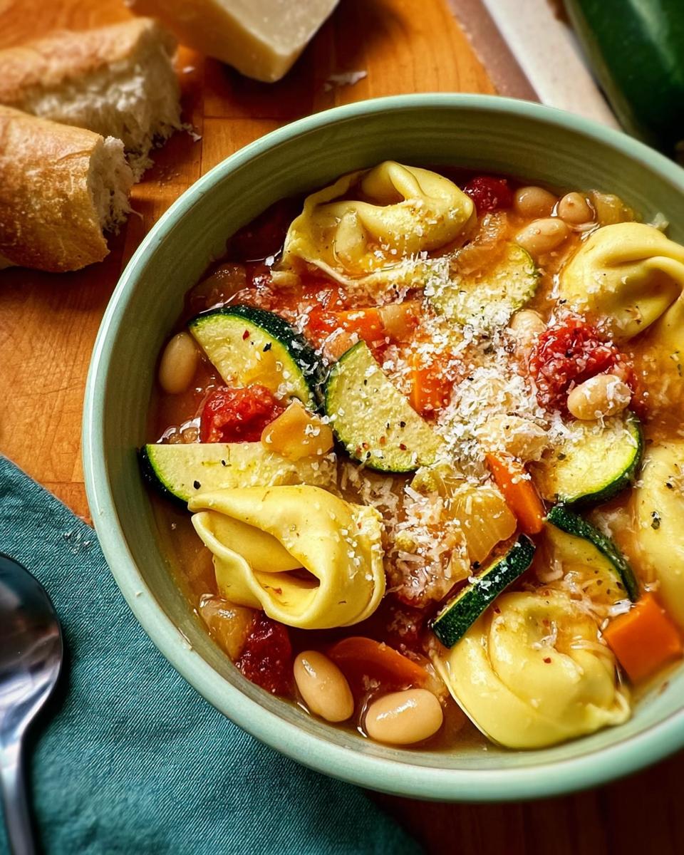 A bowl of quick tortellini soup with vegetables, beans, and cheese, perfect for busy weeknights.
