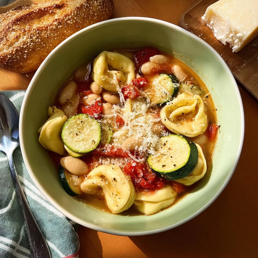 A bowl of quick tortellini soup with zucchini, beans, tomatoes, and parmesan cheese, perfect for busy weeknights.