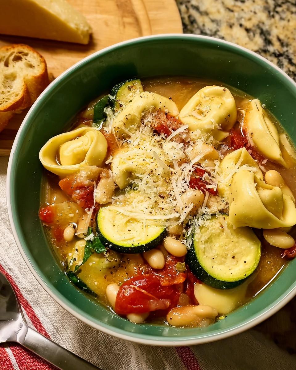 A bowl of quick tortellini soup with zucchini, white beans, tomatoes, and grated cheese, perfect for busy weeknights.