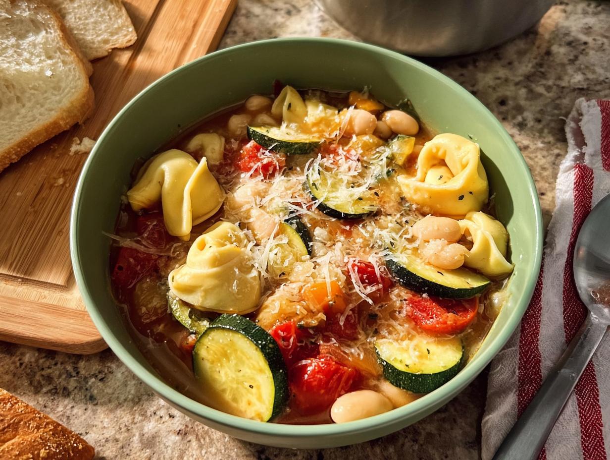A bowl of quick tortellini soup with zucchini, tomatoes, and beans, topped with grated cheese.