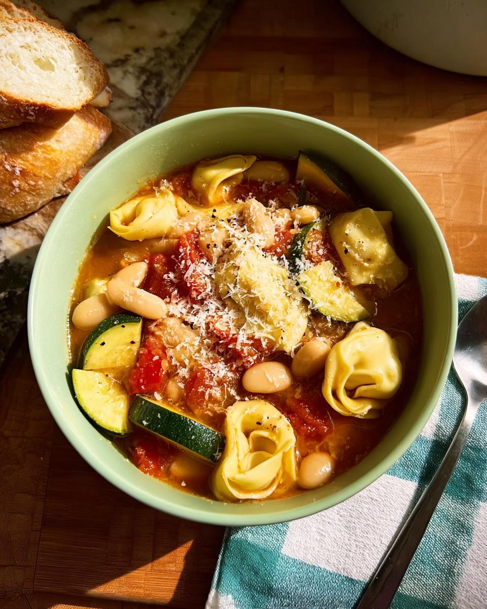 A bowl of hearty tortellini soup with beans, zucchini, and tomatoes, topped with grated cheese.