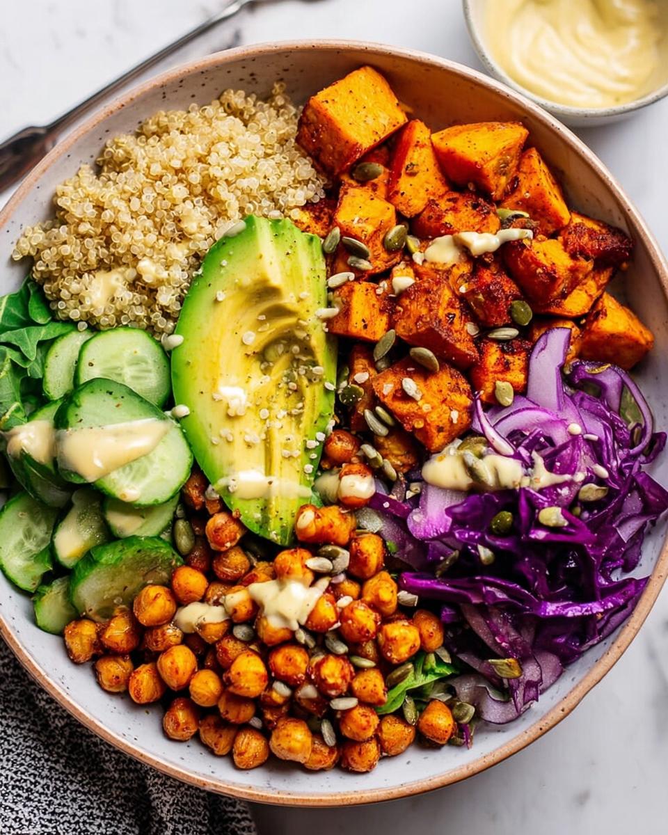 A vibrant and healthy rice bowl with quinoa, roasted sweet potatoes, avocado, cucumber, chickpeas, and red cabbage.