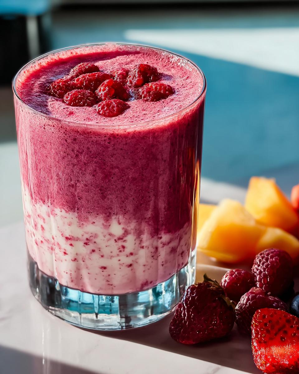 A vibrant raspberry smoothie topped with fresh raspberries, perfect for breakfast ideas recipes.