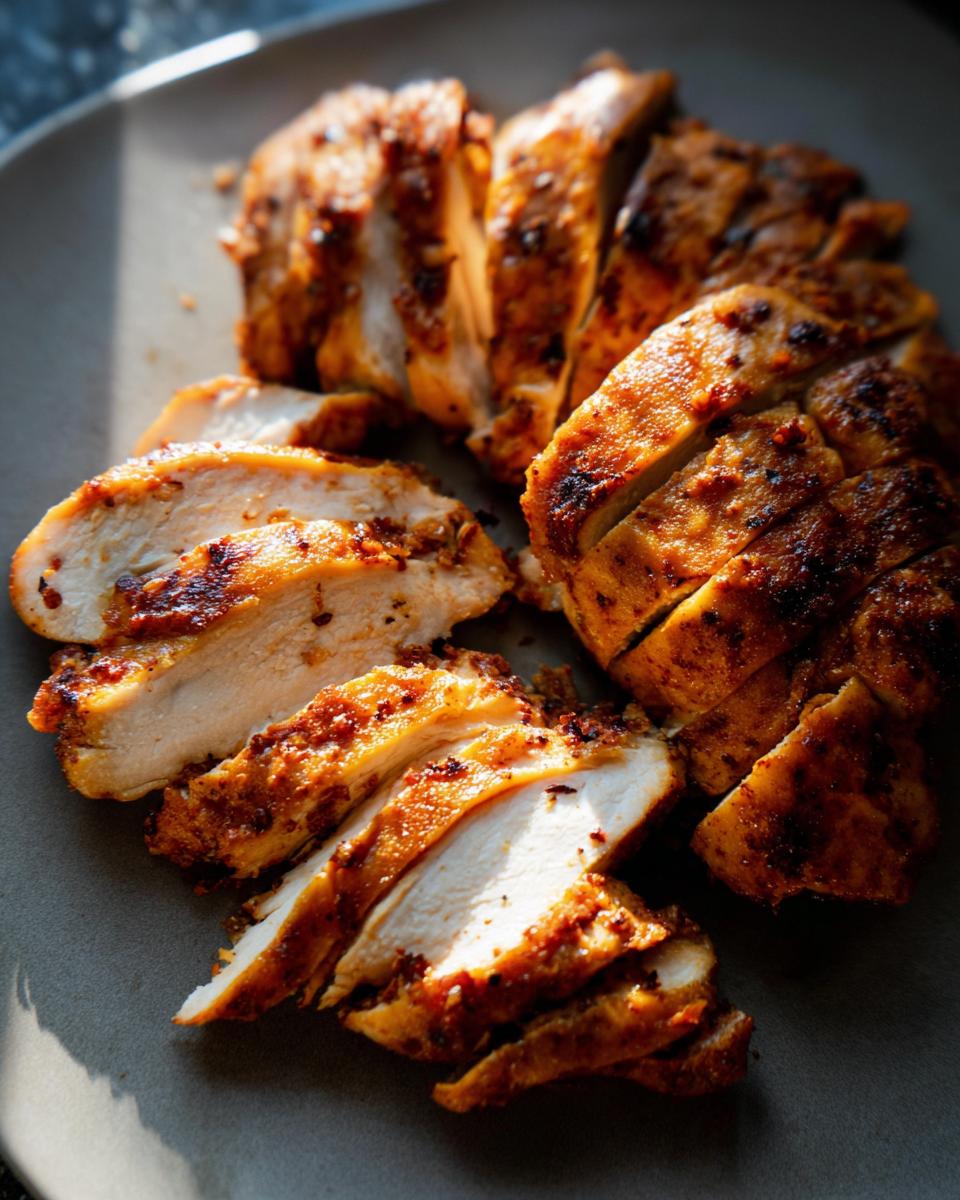 Close-up of sliced, seasoned restaurant-style air fryer chicken breast on a plate.