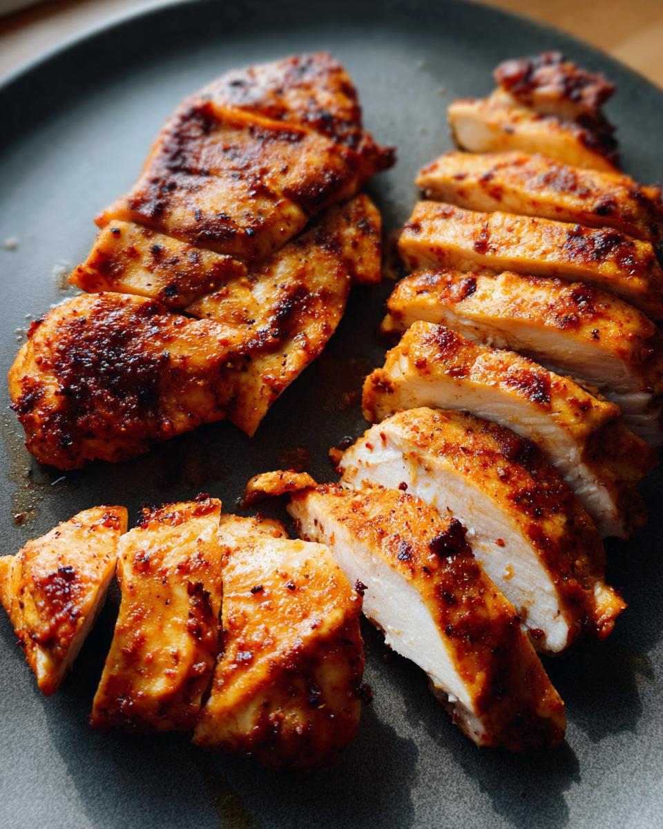 Close-up of juicy, seasoned restaurant-style air fryer chicken breast, sliced and arranged on a dark plate.