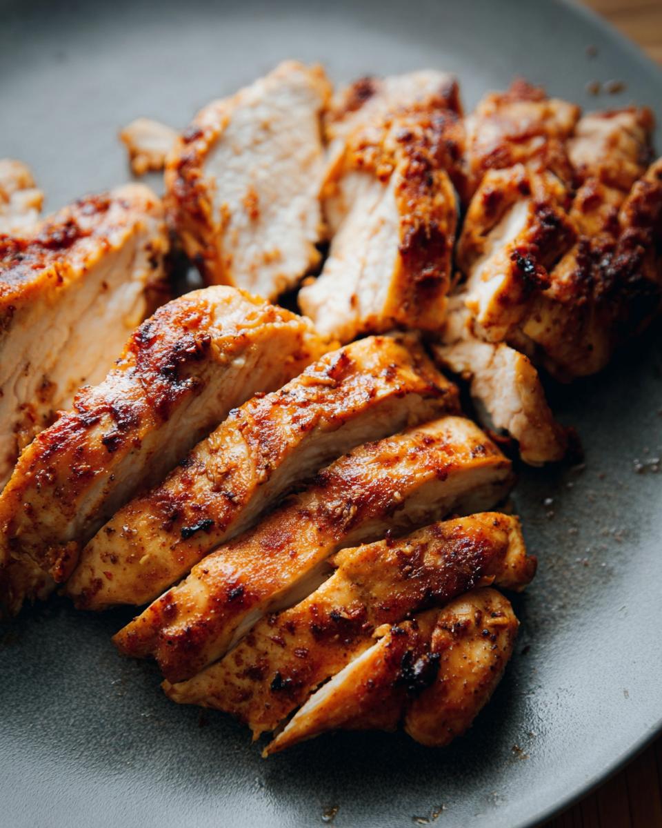Close-up of sliced, seasoned air fryer chicken breast, perfect for restaurant-style chicken recipes at home.