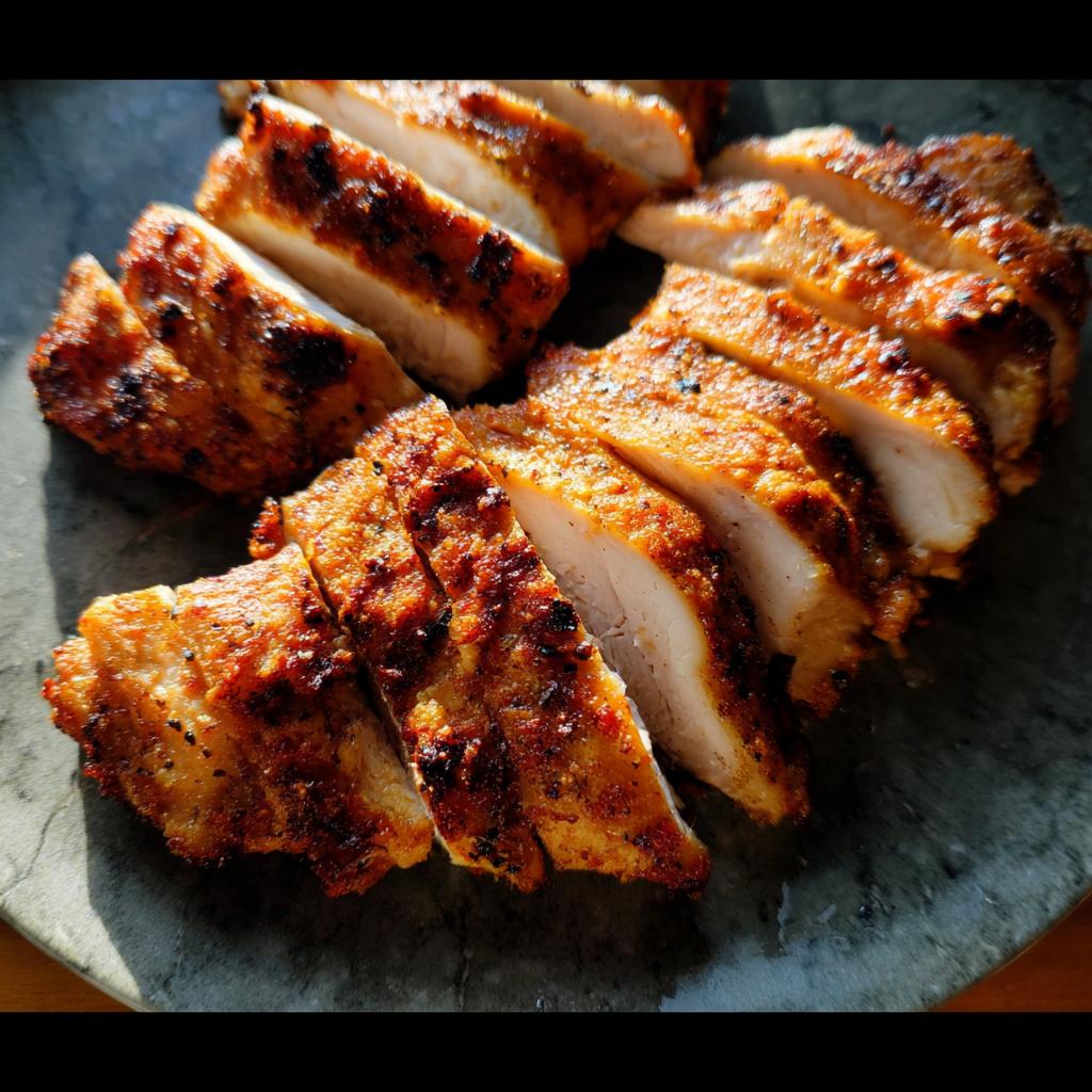 Close-up of sliced, seasoned restaurant-style air fryer chicken breast, cooked to perfection.