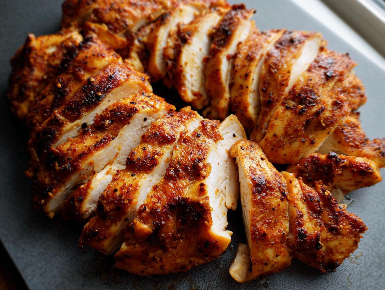 Close-up of sliced, seasoned restaurant-style air fryer chicken breast, juicy and golden brown.