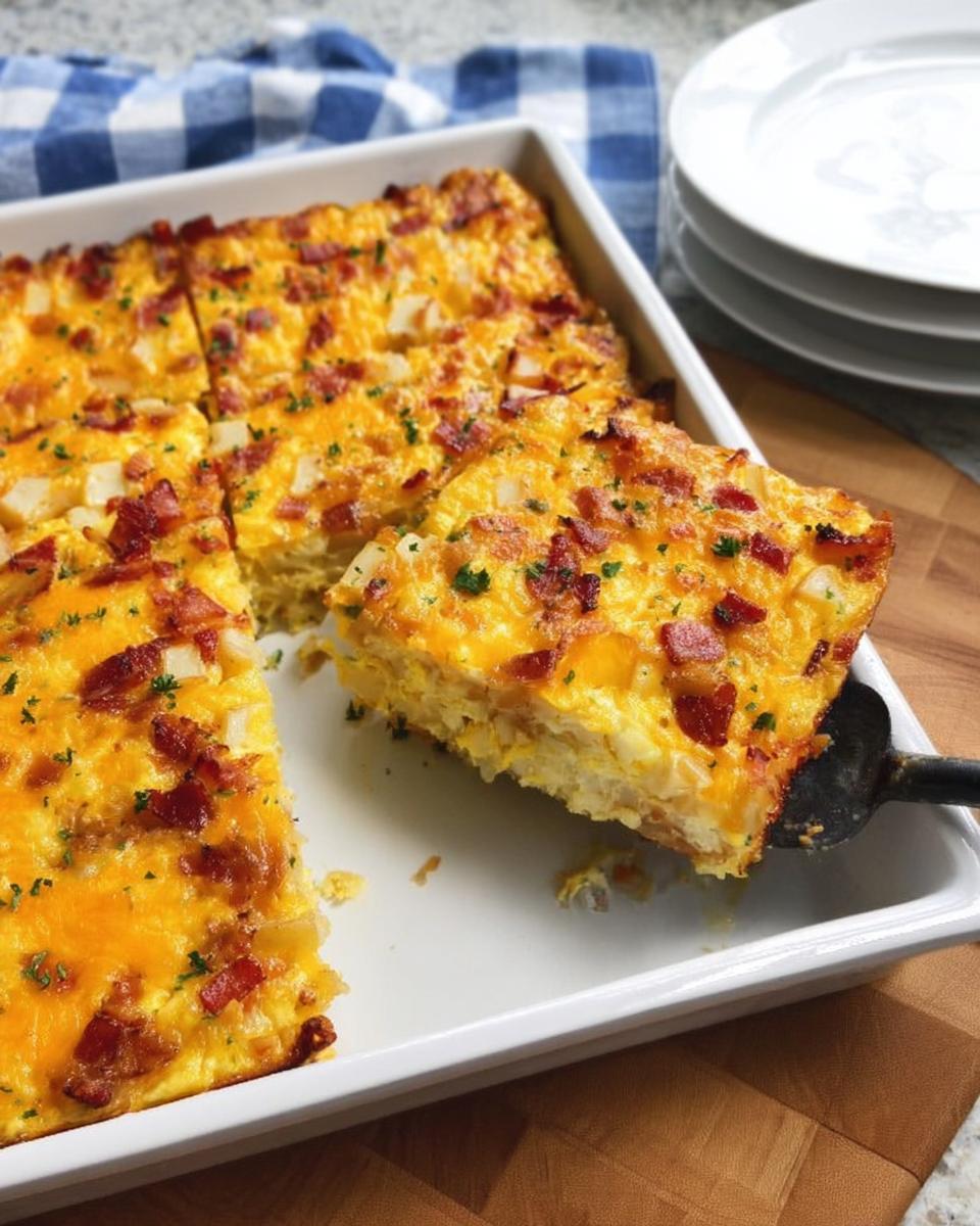 A slice of restaurant-style breakfast casserole with bacon, cheese, and potatoes being lifted from a baking dish.