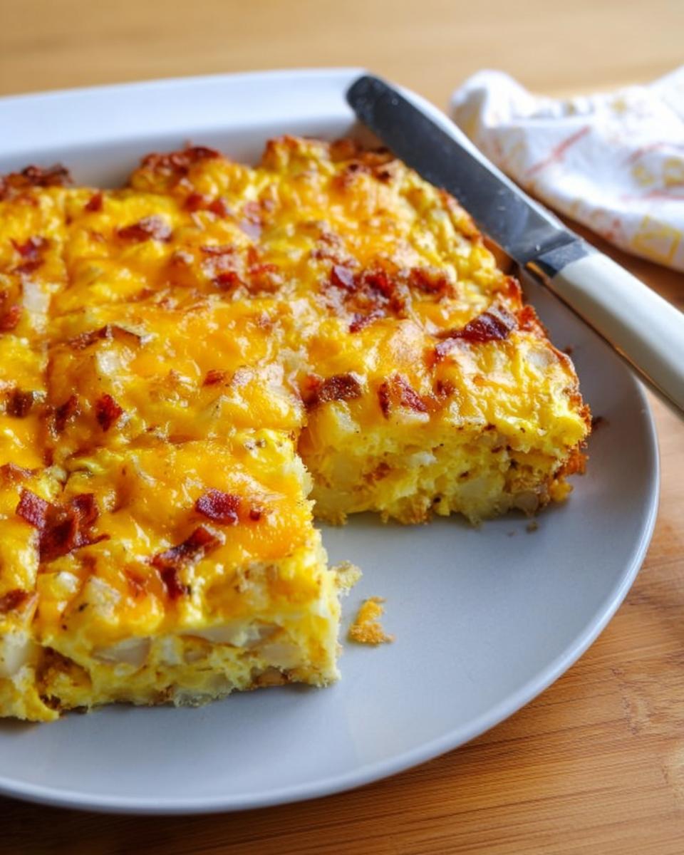 A slice of restaurant-style breakfast casserole with eggs, potatoes, bacon, and melted cheese.