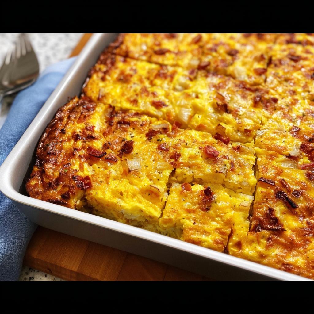A golden-brown, square-cut breakfast casserole with bacon and onions, perfect for restaurant-style breakfast ideas at home.