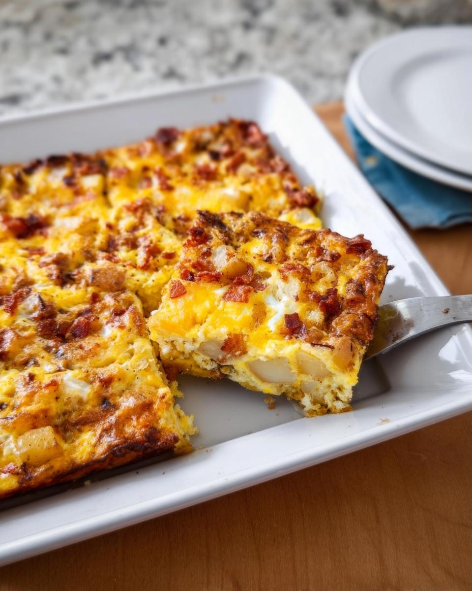 A slice of restaurant-style breakfast casserole with potatoes, eggs, and bacon being served.