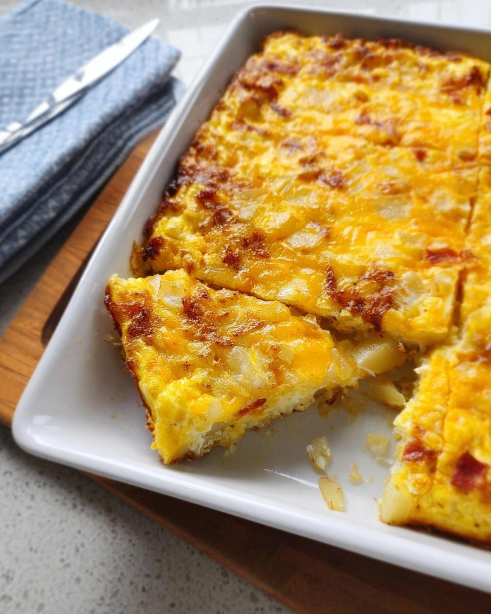 A golden-brown restaurant-style breakfast casserole with potatoes and cheese, cut into squares.