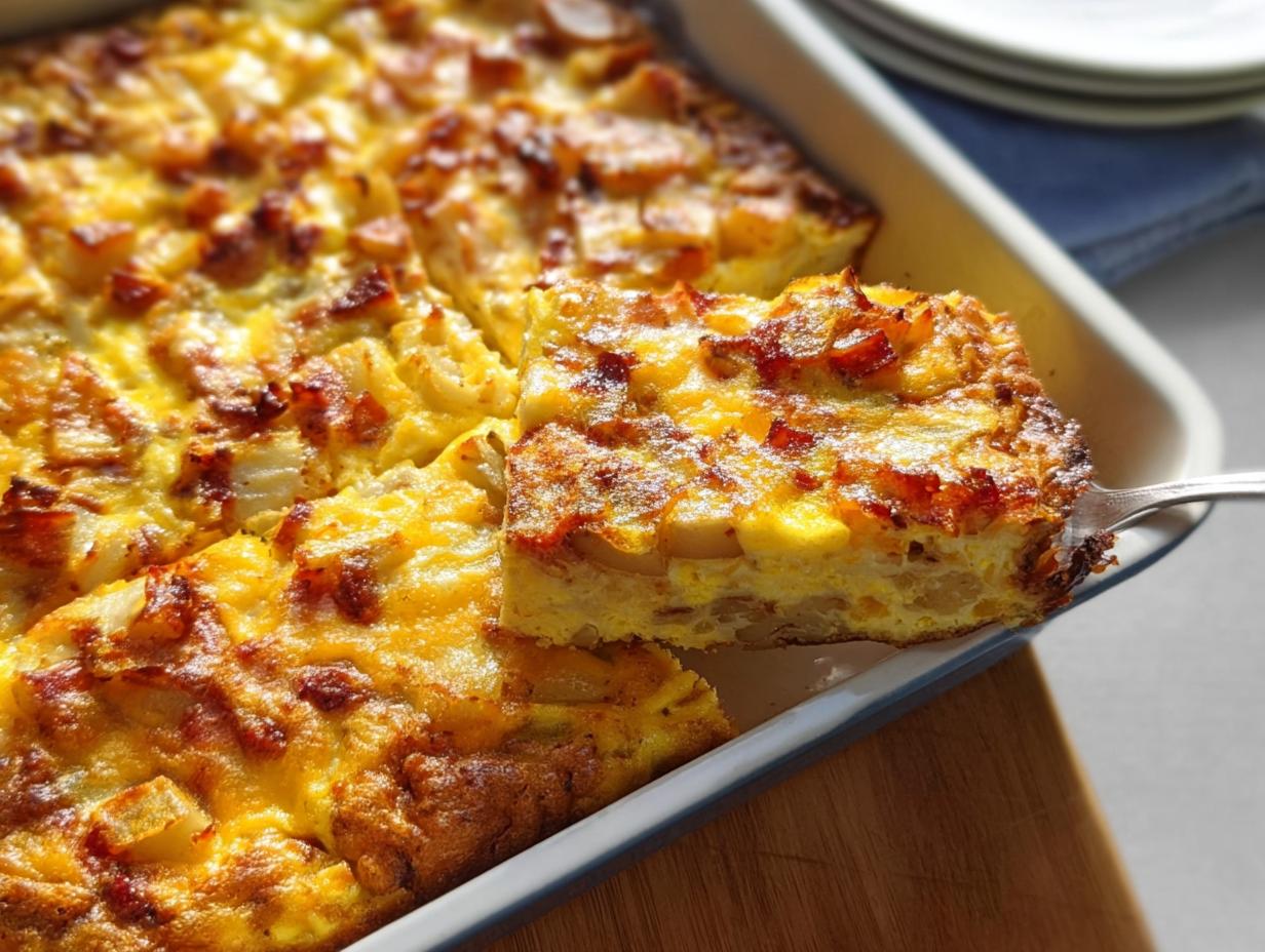 A slice of restaurant-style breakfast casserole with potatoes and bacon being served.