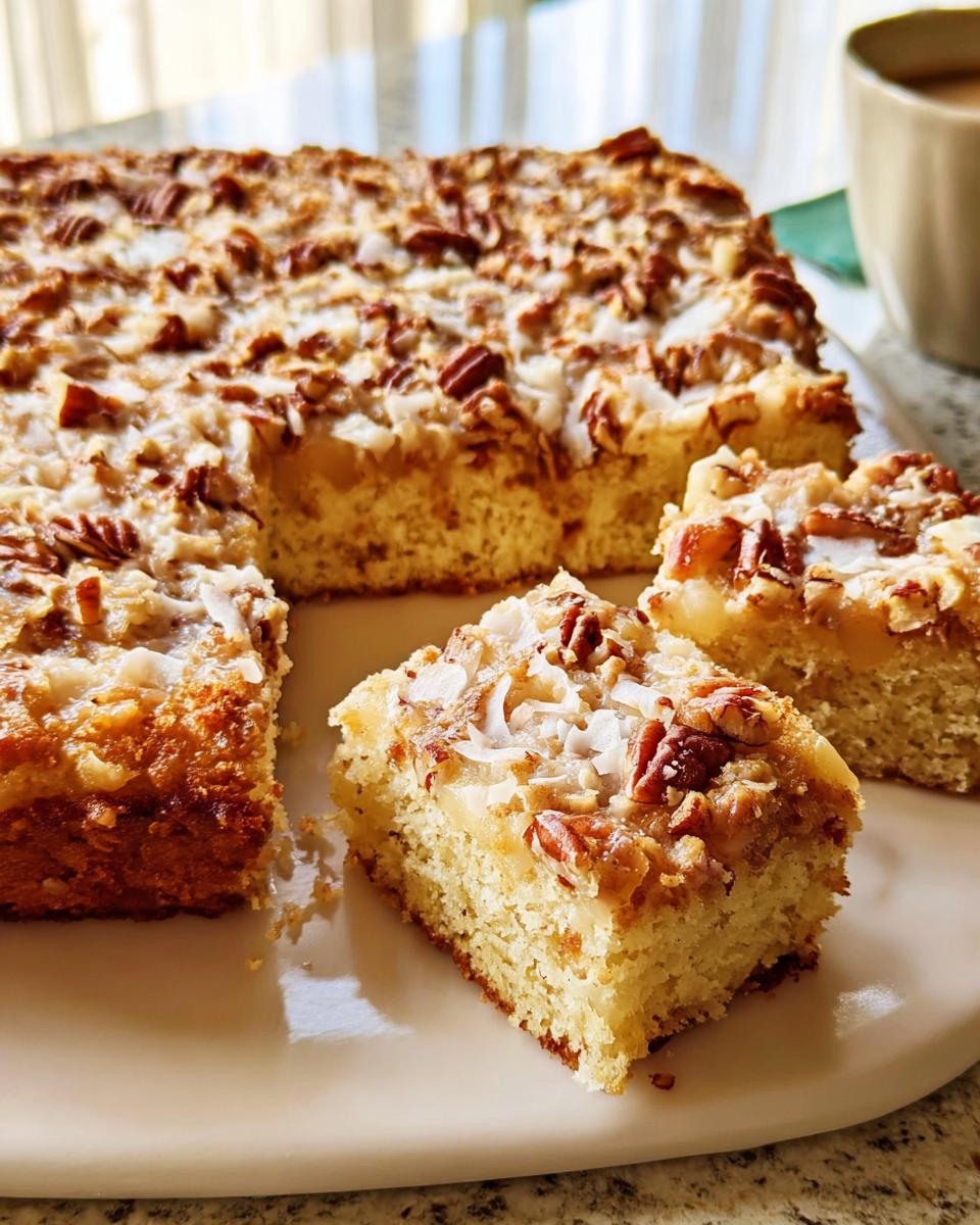Close-up of a slice of coconut pecan cake, a restaurant-style cake idea recipe at home.