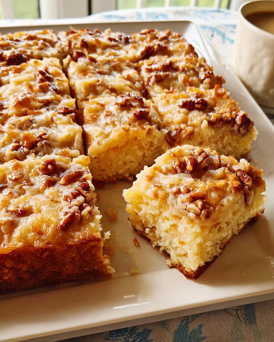 A slice of moist coconut pecan cake, a perfect restaurant-style cake idea, with a rich glaze and chopped pecans.
