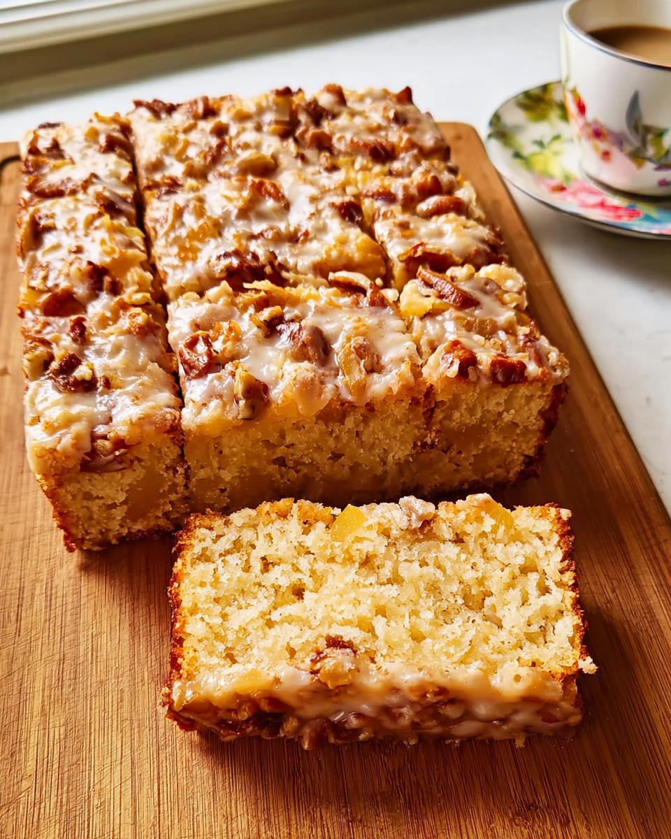 A restaurant-style cake loaf, sliced and topped with glaze and nuts, served on a wooden board.