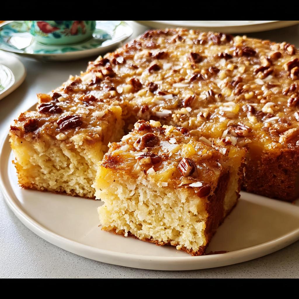 A slice of moist pineapple upside-down cake topped with pecans and coconut, showcasing restaurant-style cake ideas.