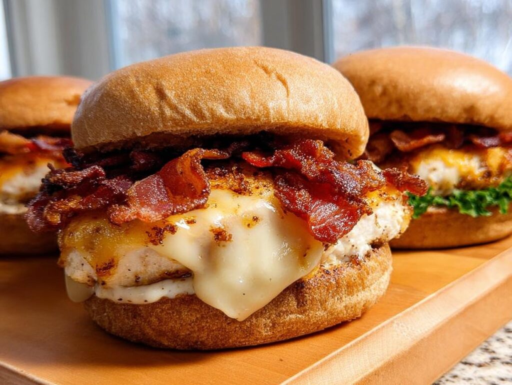 Close-up of a delicious restaurant-style chicken bacon burger, a perfect example of easy dinner recipes at home.