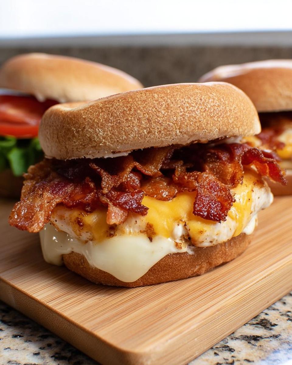 Close-up of a delicious chicken bacon cheese sandwich, a restaurant-style easy dinner recipe at home.