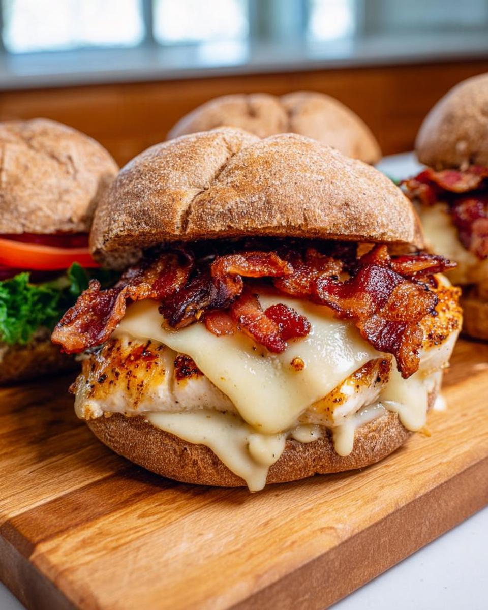 A delicious chicken bacon sandwich with melted cheese, served on a bun as one of the restaurant-style easy dinner recipes at home.