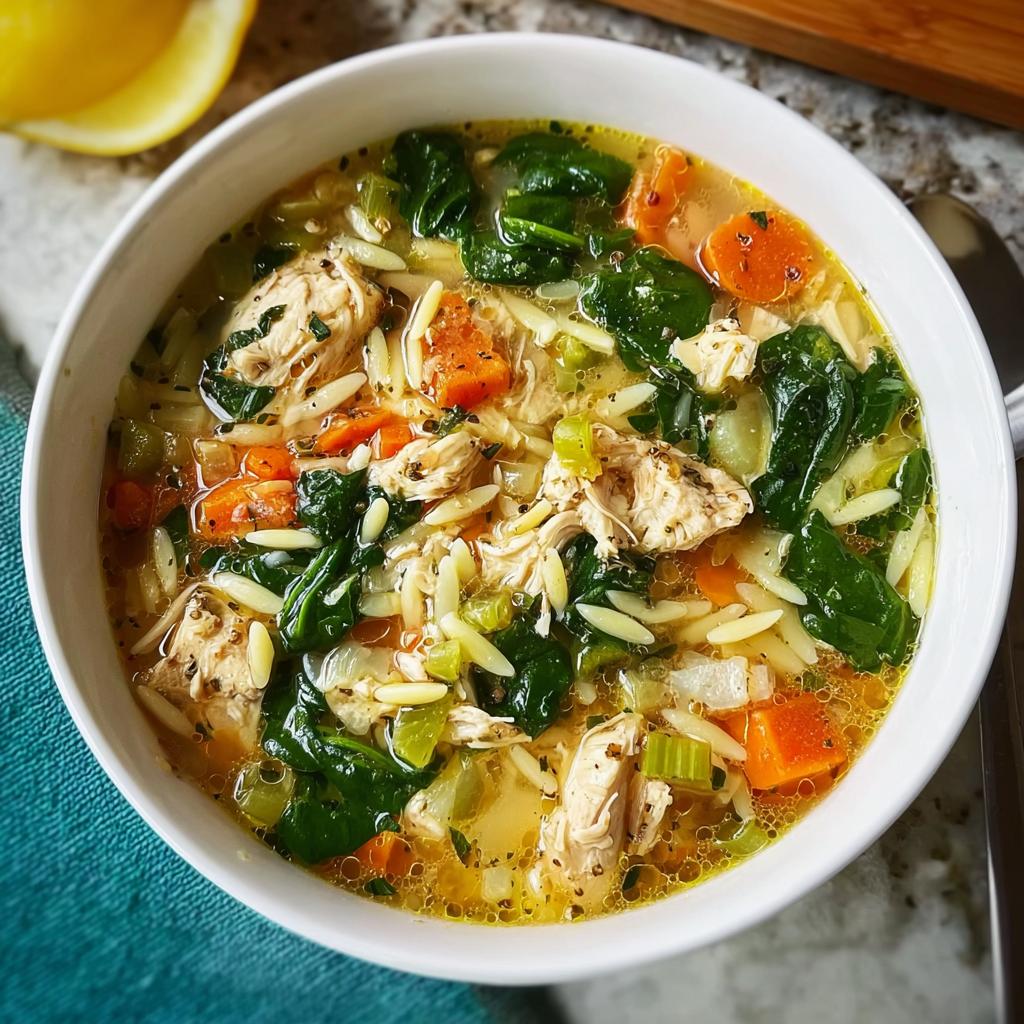 A warm bowl of restaurant-style chicken orzo soup with spinach, carrots, and celery.